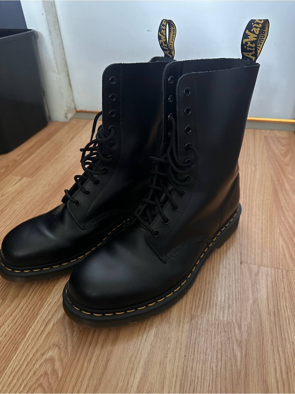 Dr. Martens Black Leather 8-Eye Lace-Up Boots with Yellow Stitching - Picture 3 of 4
